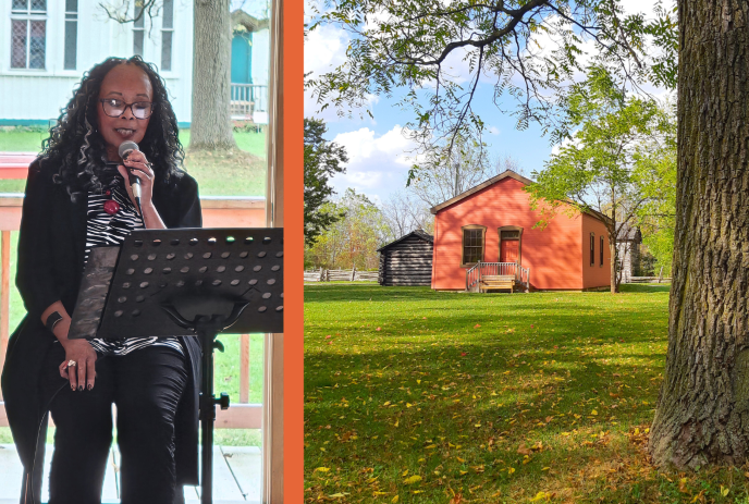 Denise Pelley Speaker with mic on porch; autumn trees and red house in scenic split view; evokes warmth and storytelling.
