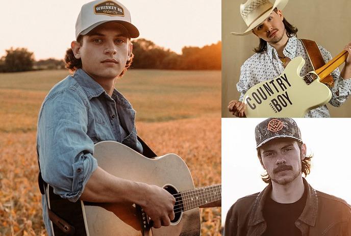 Three musicians with guitars in cowboy hat jacket and denim outdoors near water and field sunsets.