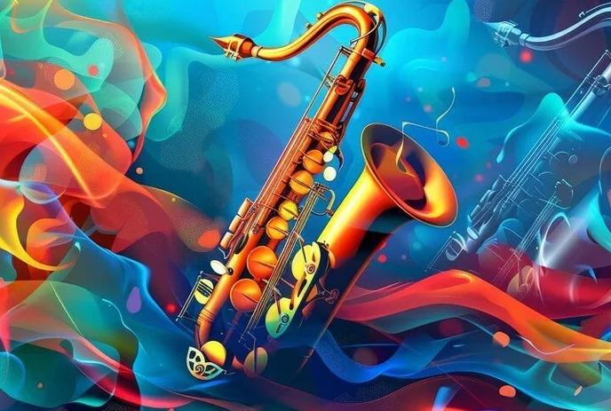 Silhouette of a saxophonist in a hat playing at sunset, with a vivid blue and orange sky.