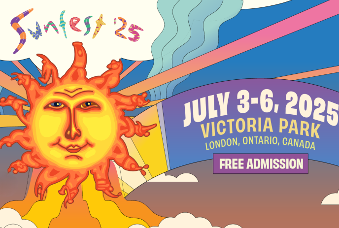 Sunfest 25 poster with vibrant colors, July 3-6, 2025, Victoria Park, London, Ontario, free admission.