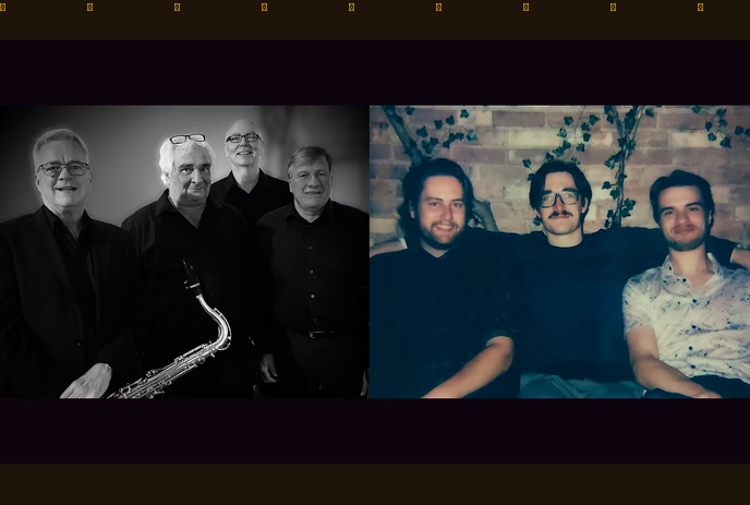 Split image: four older men with a saxophone on the left, three younger men sitting casually on the right.