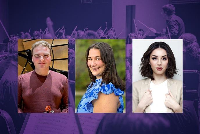 Headshots of Julian Trippel, Amy Godin and Daria Kharchenko, in front of a purple orchestra themed background.
