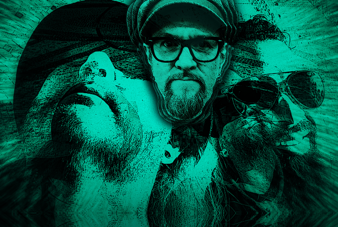 Three abstract faces in green theme, textured background, surreal feel.