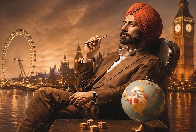 Tarsem Jassar sitting at a desk with a globe on it and Big Ben and the London Eye in the background.