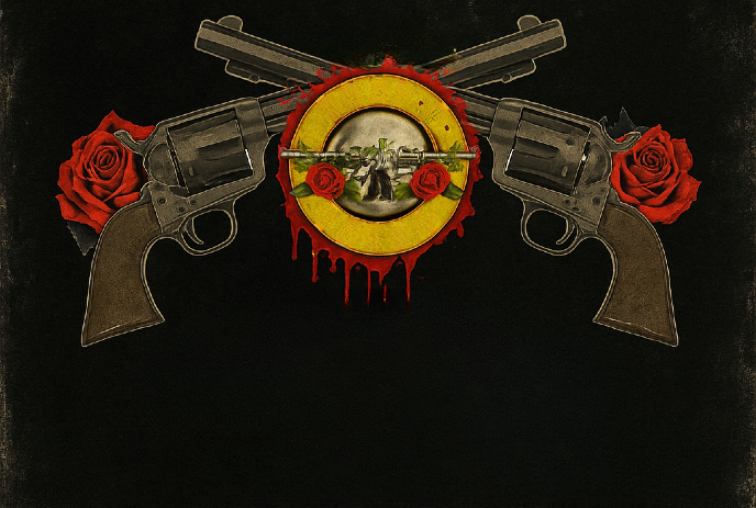 Red-yellow ring, flanked by roses, with four revolvers on dark under a black background.
