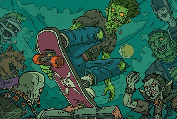 Zombie skater flies mid-air as monsters wreak havoc in moonlit chaos—urban horror meets comic mayhem.