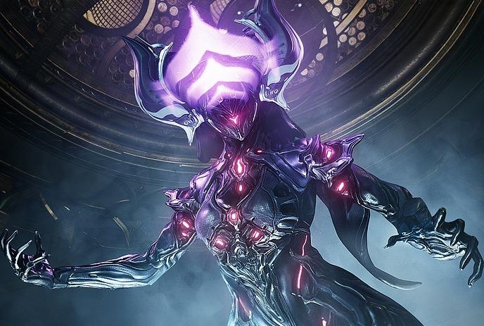 Futuristic armored figure with glowing purple headpiece.