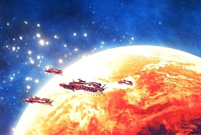 A fiery red planet with several futuristic spacecraft orbiting against a starry blue space background.