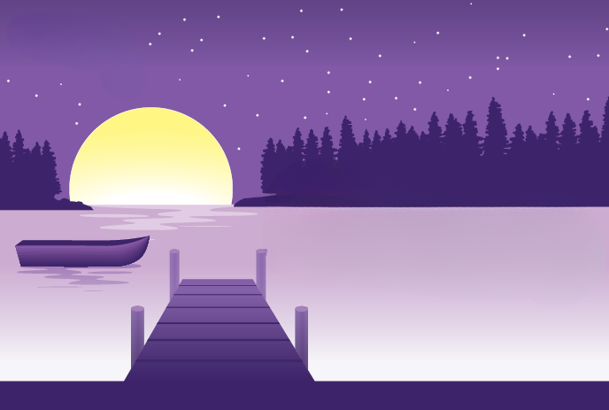 A calm lake with a dock, small boat, large yellow moon, and starry sky over a silhouetted forest.