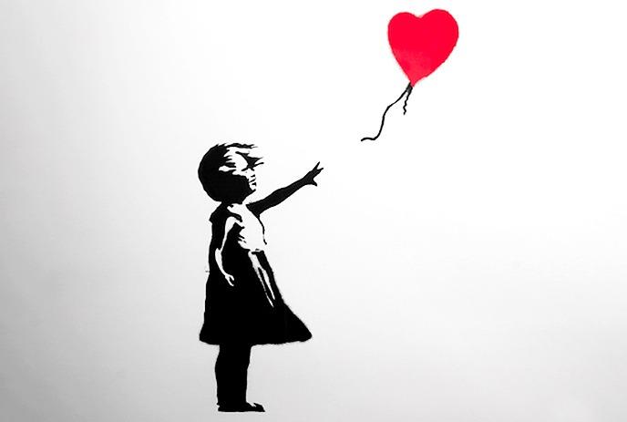 Sketch of a young girl reaching for a heart-shaped balloon.