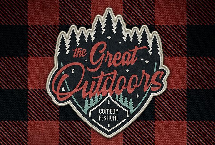 Logo of the The Great Outdoors Comedy Festival on a plaid background