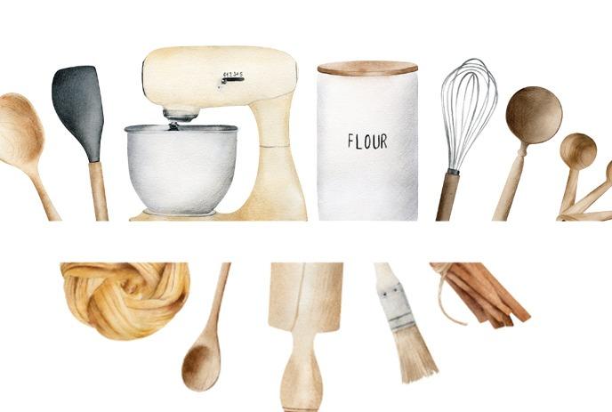 Kitchen appliances with the words The Kitchen Witches running through it.