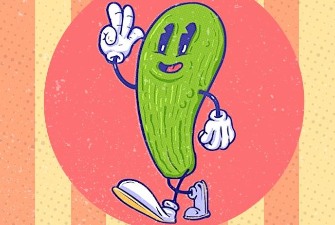 A poster for The London Pickle Fiesta, featuring a cartoon of a pickle smiling and waving.