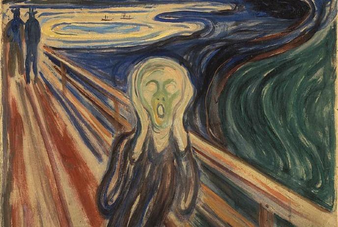 Figure on a bridge holds their face and screams beneath swirling, vivid sky and water.