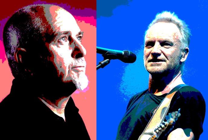 Split images of Peter Gabriel and Sting.