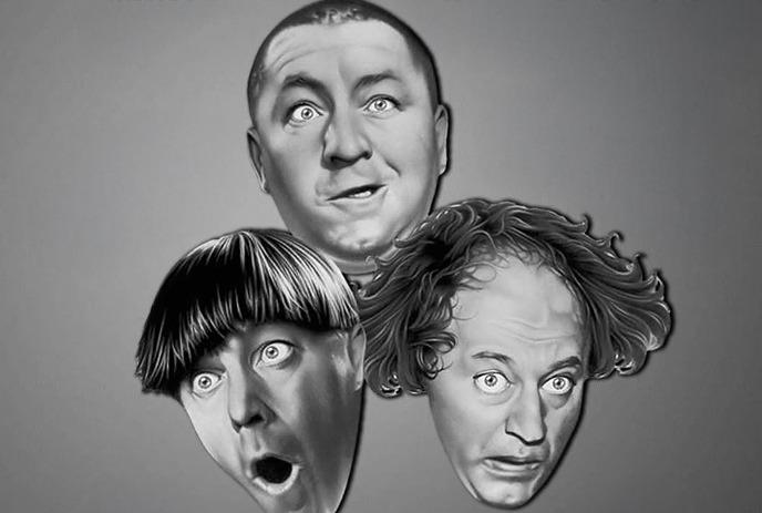 Three grayscale caricature faces of The Three Stooges, Moe, Larry, Curly showing comic expressions.