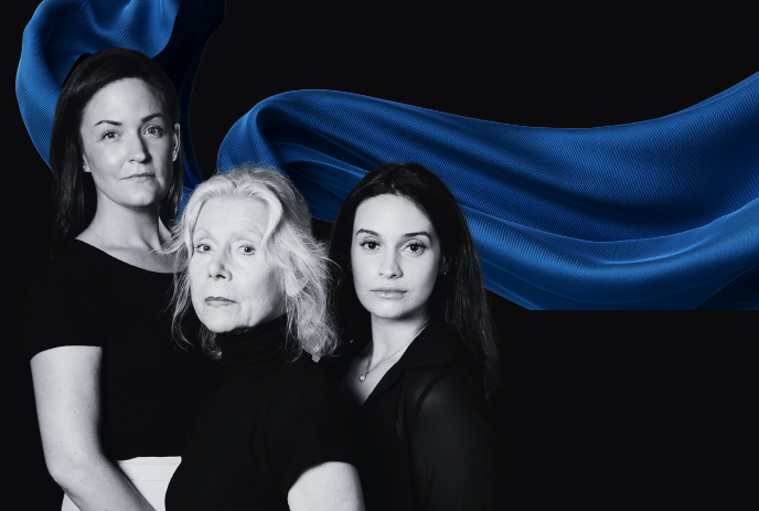 Three women in black attire stand against a dynamic blue background.