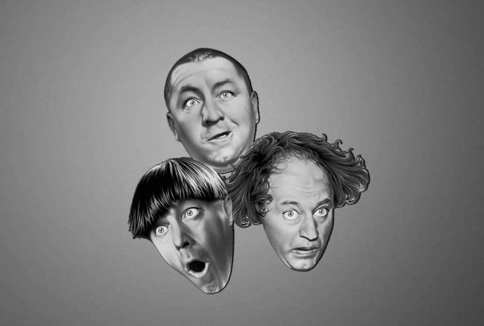 Three grayscale caricature faces of The Three Stooges, Moe, Larry, Curly showing comic expressions.