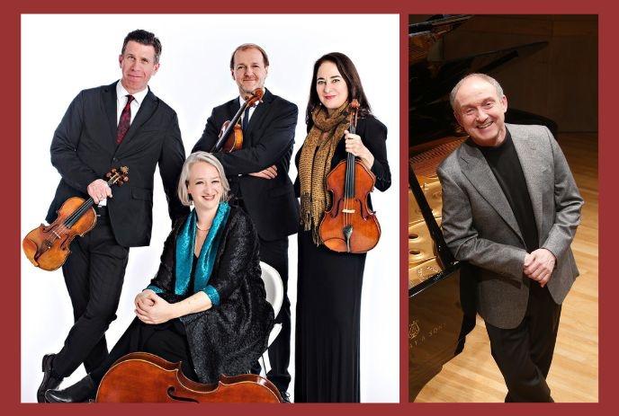 Seperate photos of The Penderecki String Quartet and Arthur Rowe, posing for the camera with their instruments.
