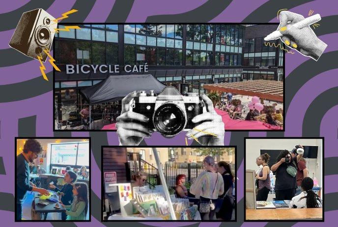 Art MarketBicycle Café scene with outdoor seating; people interact, browse art, take photos; cameras frame collage.