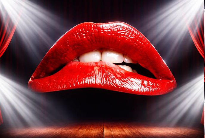 Large glossy red lips floating above lit stage with curtains spotlights and wooden floor.