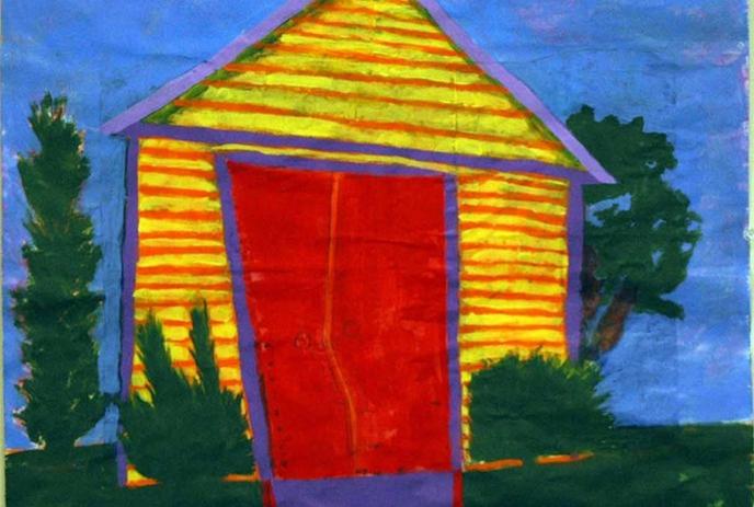 A painting of a yellow and red striped shed with a red door, surrounded by green grass and trees against a blue sky.