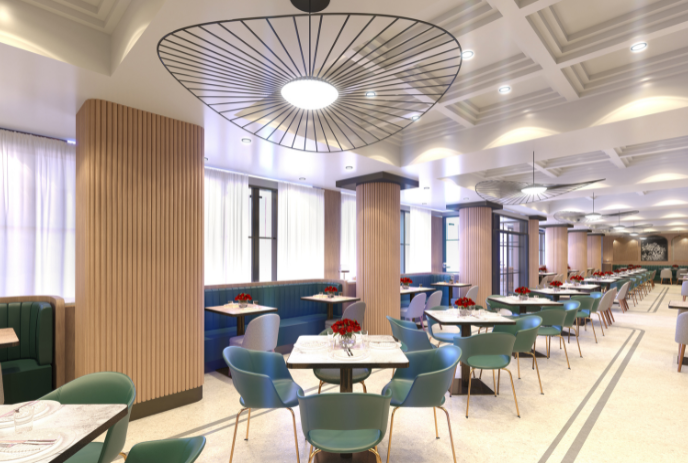 Modern restaurant with teal chairs, marble tables, wooden columns, and circular light fixtures overhead.