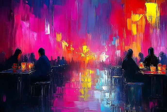 Pink, yellow and purple background showing people sitting around tables enjoying drinks.