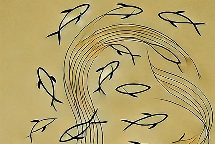 Fish moving in line art with smooth curved water flow on soft background creating a gentle scenery.