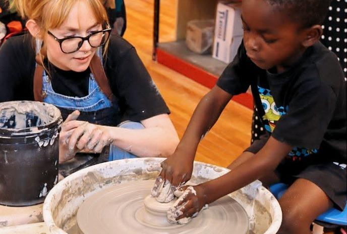 Hands shaping clay on spinning wheels and sculpting small figures, showing varied pottery techniques.