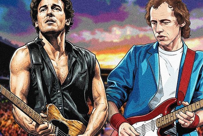 Cartoon image of two people playing guitar in front of a large group of people.