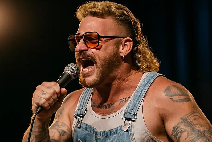 Tattooed man in WWE shirt with curly blond hair, lightning and dark background.