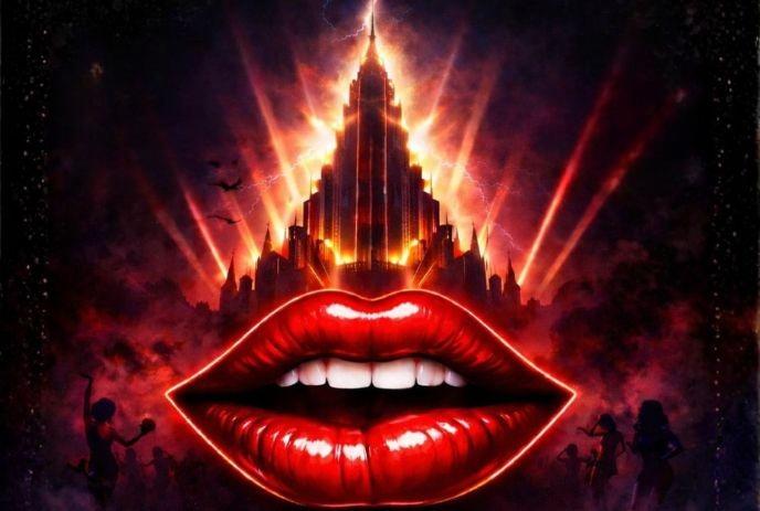 Large red lips before glowing tower with silhouetted figures dancing in smoky scene.