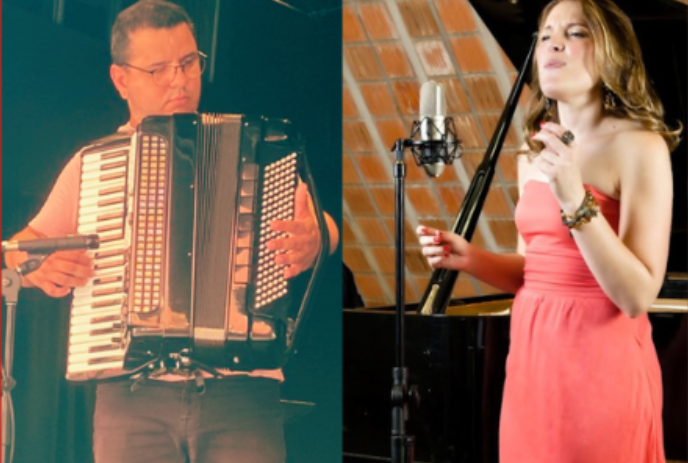 A person singing on stage along with a person playing an accordian.