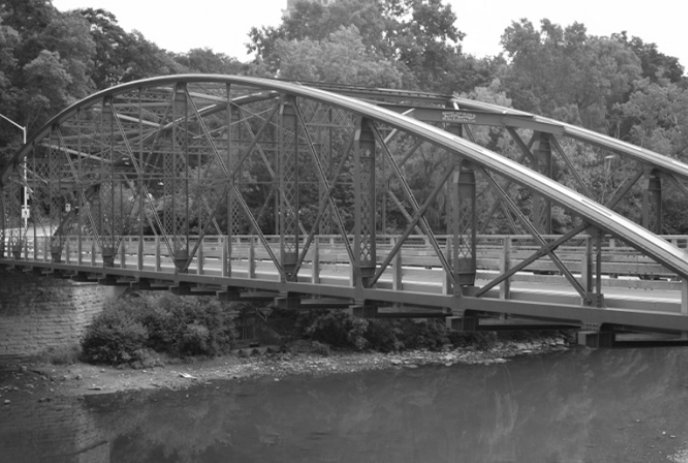 Black and white version of Blackfriars bridge in London, Ontario.