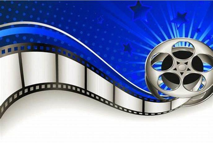 A film reel and strip on a blue background, decorated with stars and rays, symbolizing the movie industry.