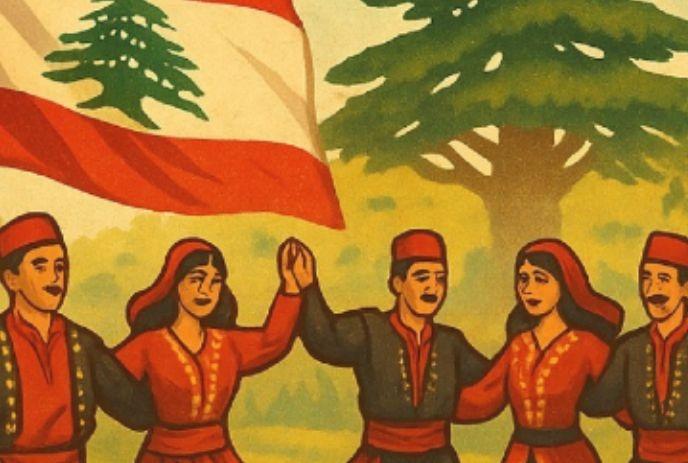 Illustration of people in traditional attire dancing, holding hands, with a flag and greenery in the background.