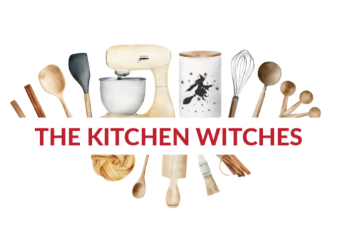 Kitchen appliances with the words The Kitchen Witches running through it.