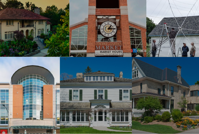 Collage of six places (Elsie Perrin Williams Estate, Covent Garden Market, Amateur Radio Club, Central Library, Eldon House, and Banting House buildings) for Doors Open London 2025.