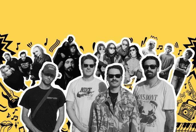 Artists stand together against a yellow backdrop with music and art doodles, conveying energy and creativity.