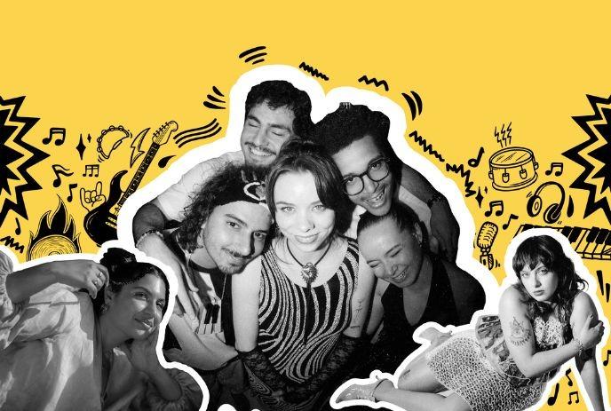 Artist together against a yellow backdrop with music and art doodles, conveying energy and creativity.