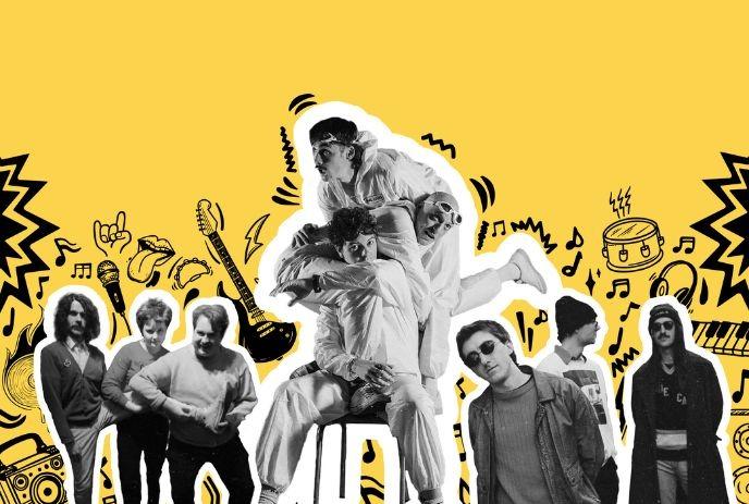 A group of people standing together against a yellow background with musical doodles, including guitars and notes.