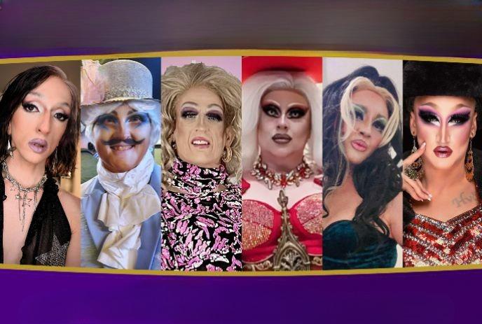 Six people in striking costumes stand against a rich purple and gold backdrop, each showcasing unique styles.