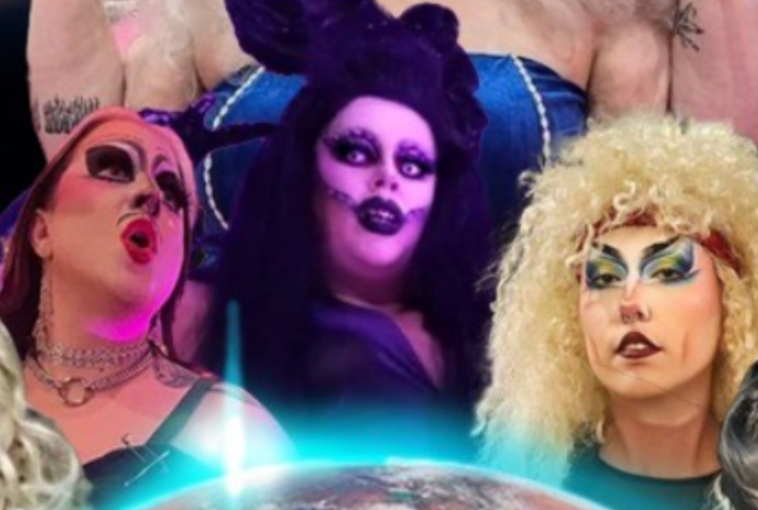 Group photo of drag queens above the earth.