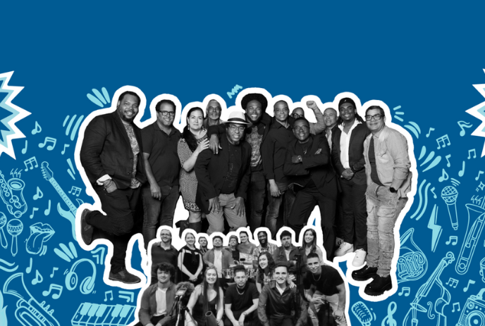 Two large groups of people together with a blue background.