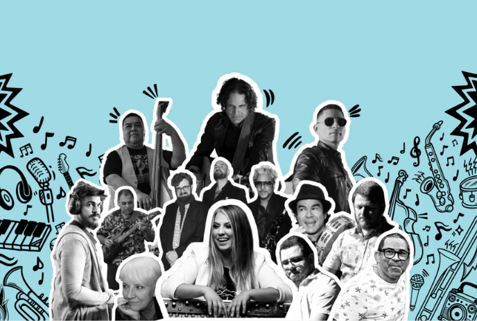 Large group of people in a collage with a turquoise background.
