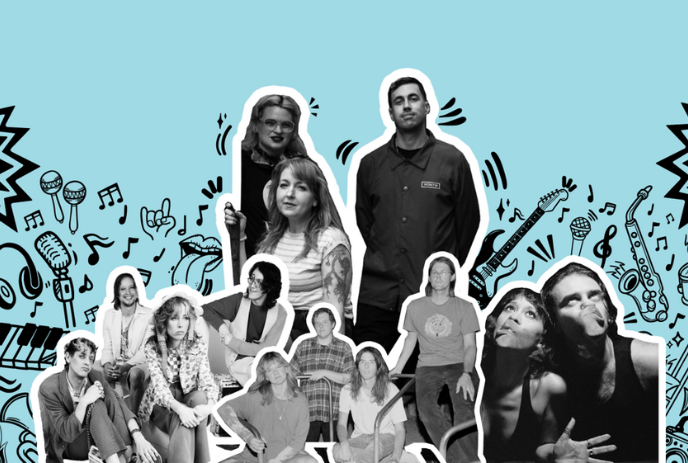 Collage of people with a turquoise background.