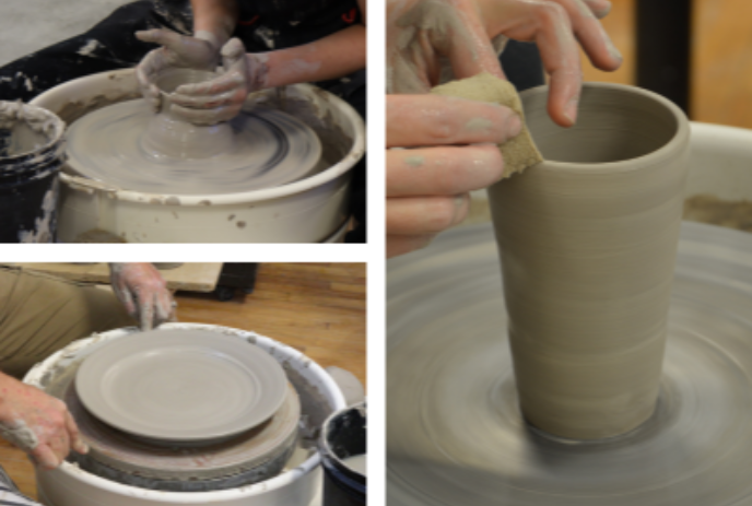 Three separate images of clay being worked on over a wheel.
