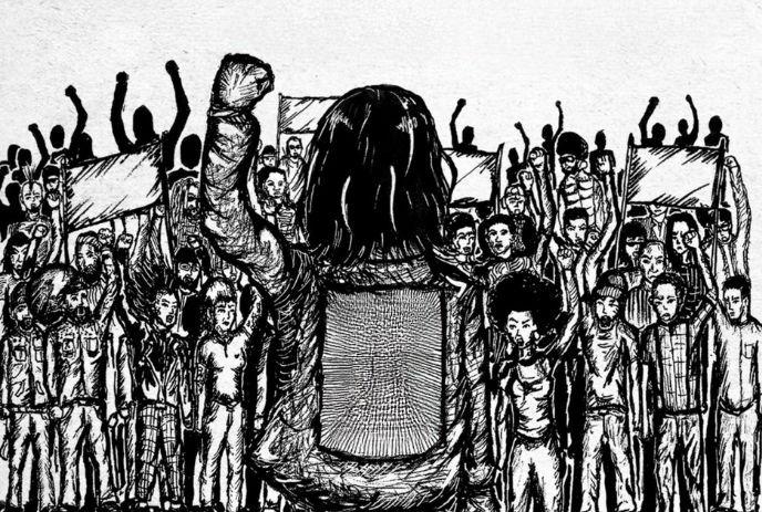 Figure with raised fist leads crowd holding banners and signs in black-and-white sketch.