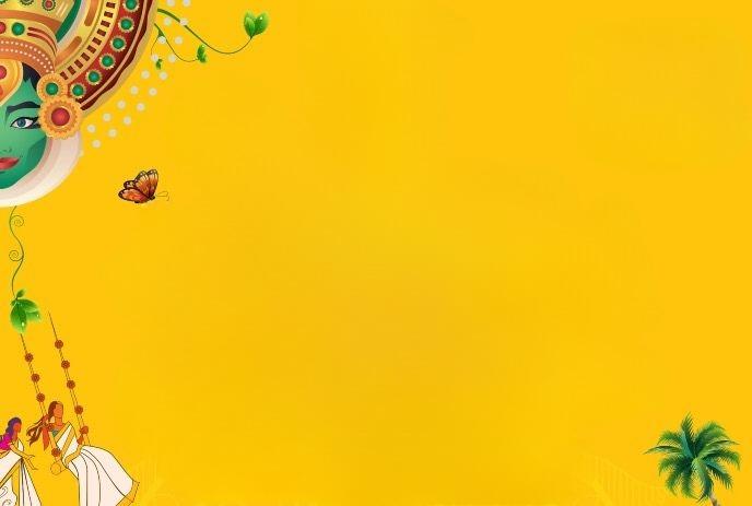 Cultural Kathakali mask with butterfly, palm tree, and swing on vivid yellow. A lively, cultural, tropical vibe.